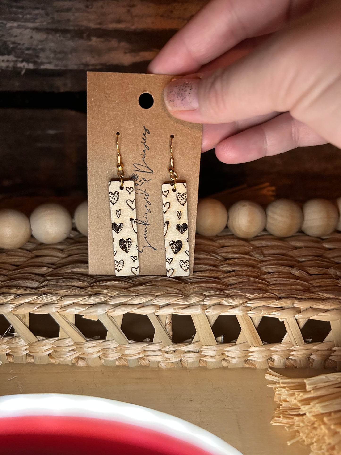 Wood hearts rectangle earring