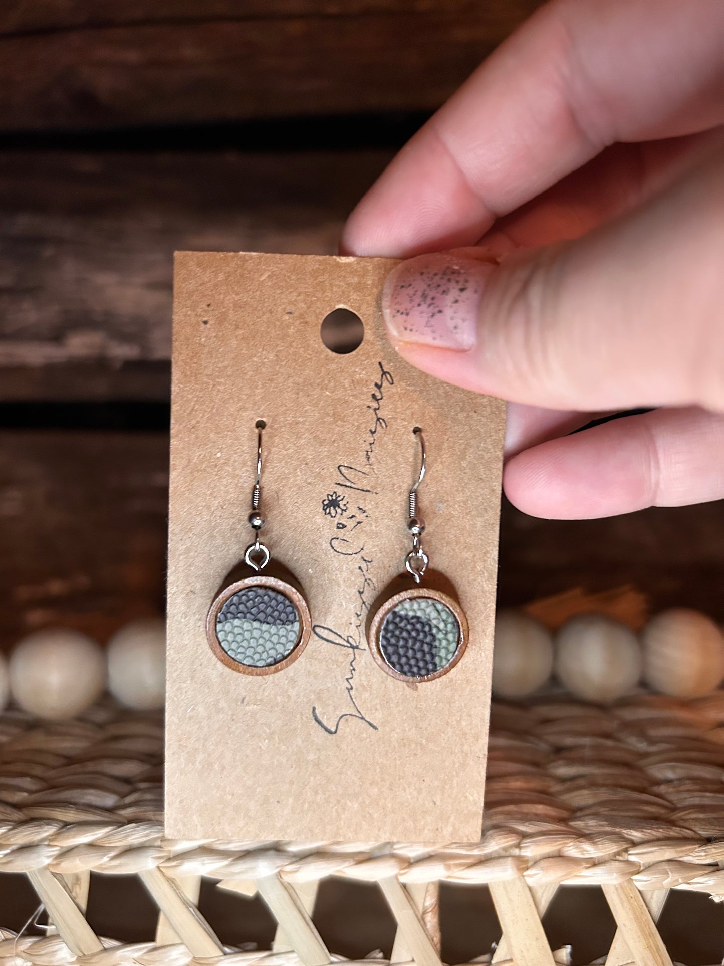 Wood dangle faux leather